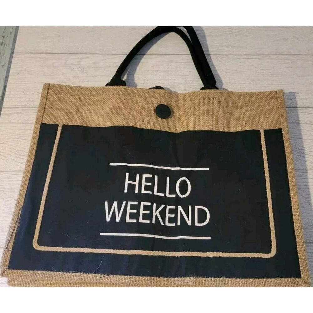 HELLO WEEKEND Burlap Tote Bag 18x14x6 Black Accents
